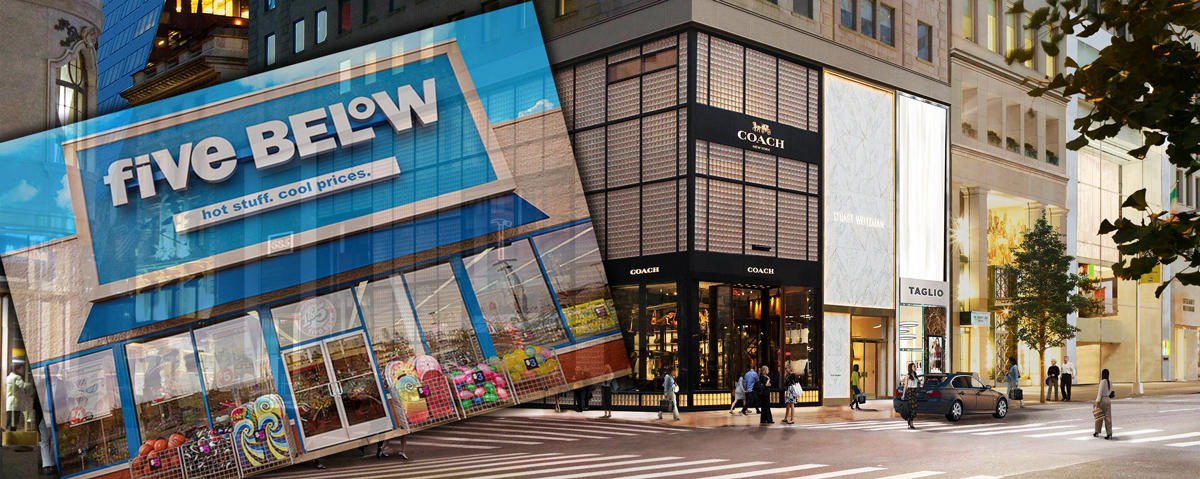 A Five Below store overlayed with Fifth Avenue storefronts (Credit: Five Below and GGP)