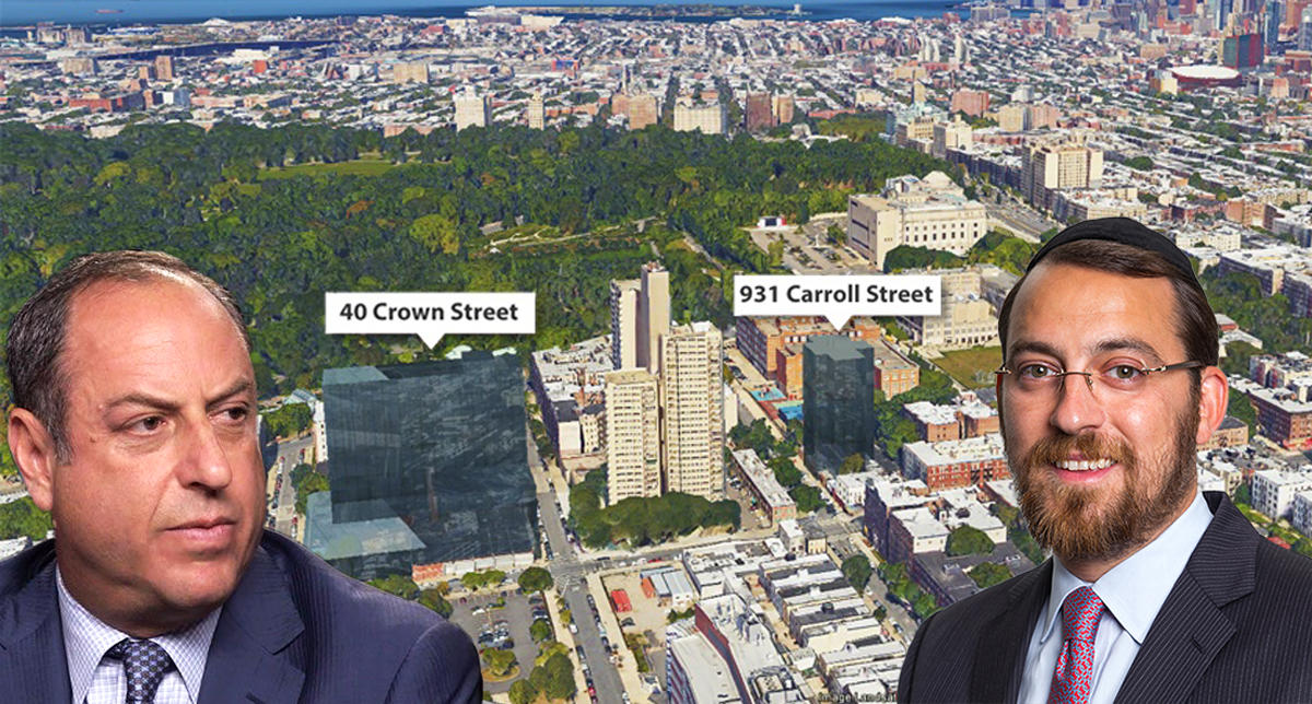 From left: Carmel Partners' Ron Zeff, a rendering of 40 Crown Street and 931 Carroll Street in Brooklyn, and Meridian Investment Sales’s Lipa Lieberman (Credit: Privcap, CityRealty, and NYREJ)