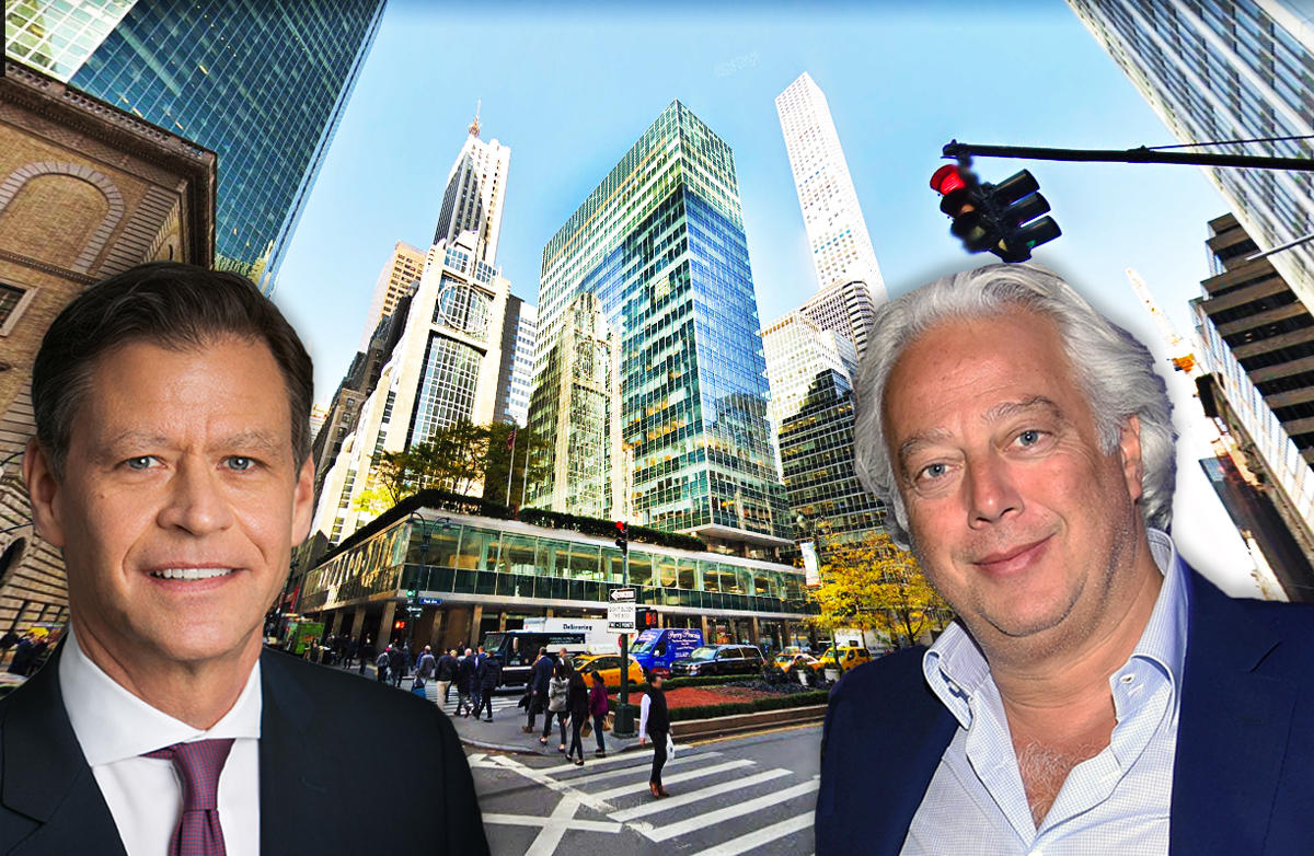 From Left: Brookfield's Ric Clark, Lever House at 390 Park Avenue, and RFR Holding's Aby Rosen (Credit: Google Maps and Getty Images)