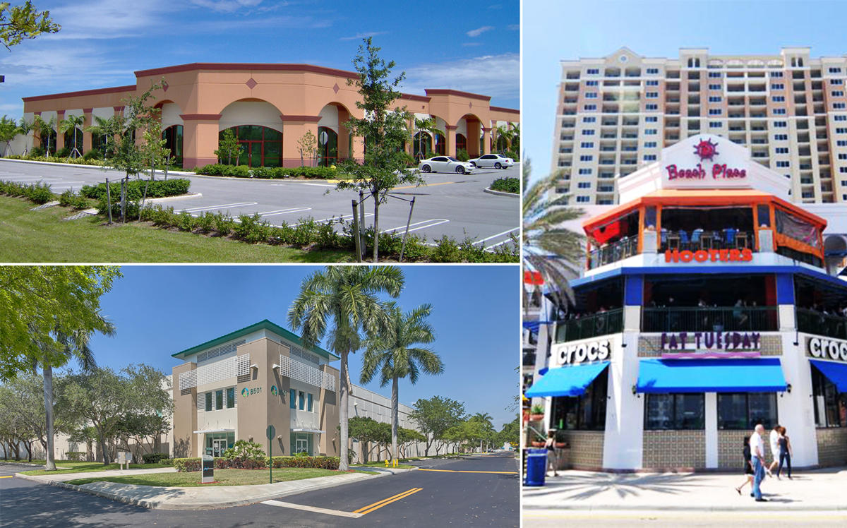 Clockwise from the top left: Miramar Park of Commerce, Gallery at Beach Place, and Prologis Beacon Centre Business Park