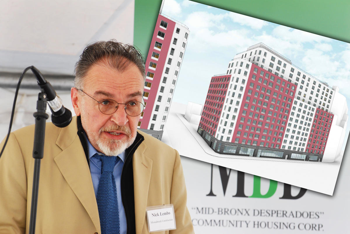 Nick Lembo and a rendering of 1923 West Farms Road (Credit: MBD Housing and Monadnock Development)