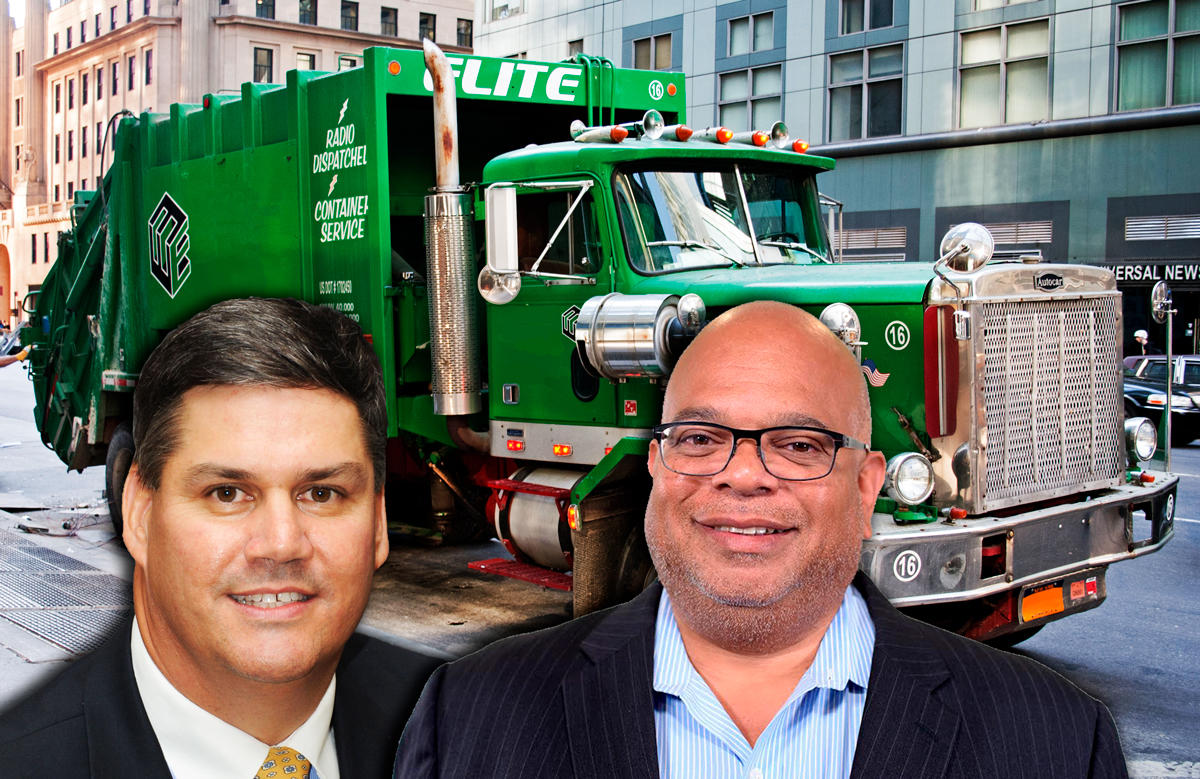 Left to right: BOMA's Robert Brierley, REBNY's John Banks and a garbage truck (Credit: BOMA and WIkipedia)