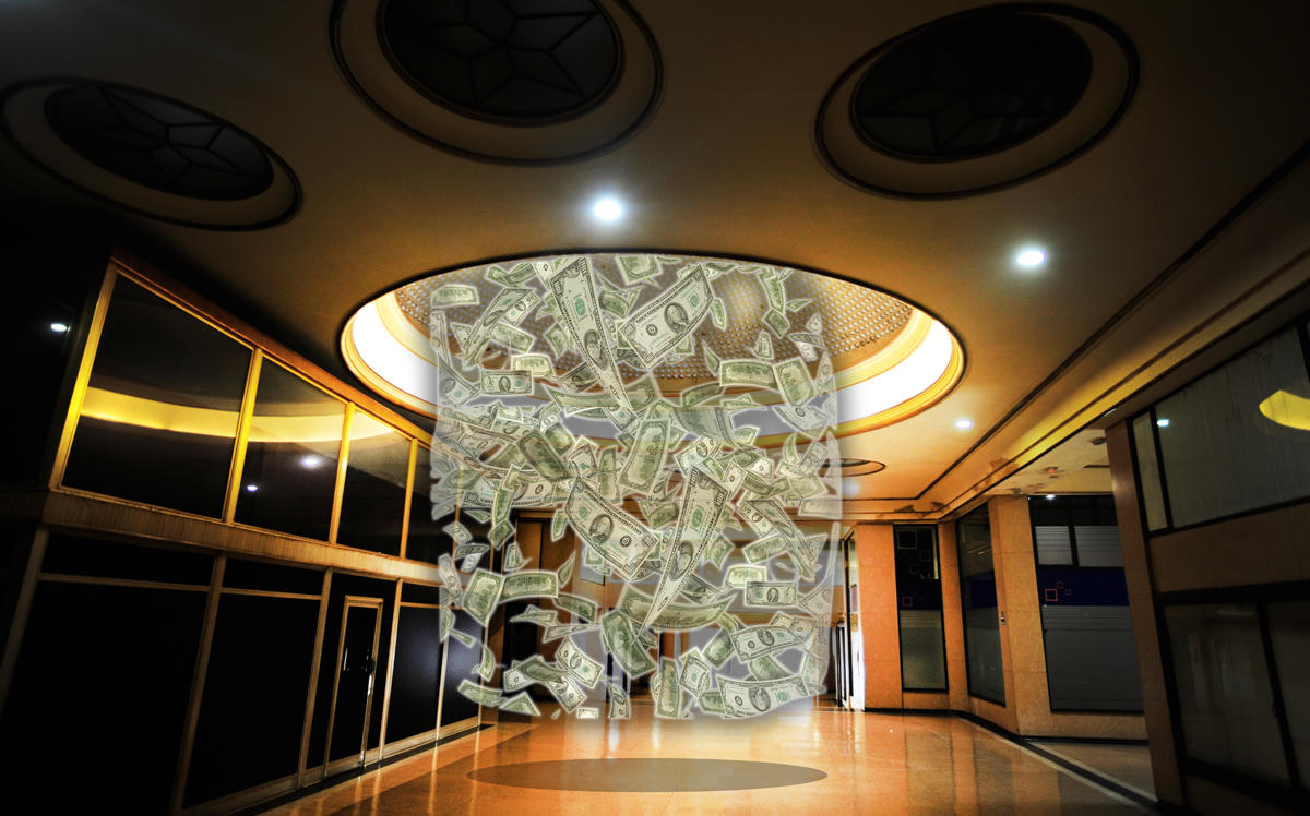 Money raining down on an abandoned shopping mall (Credit: Getty Images and iStock)