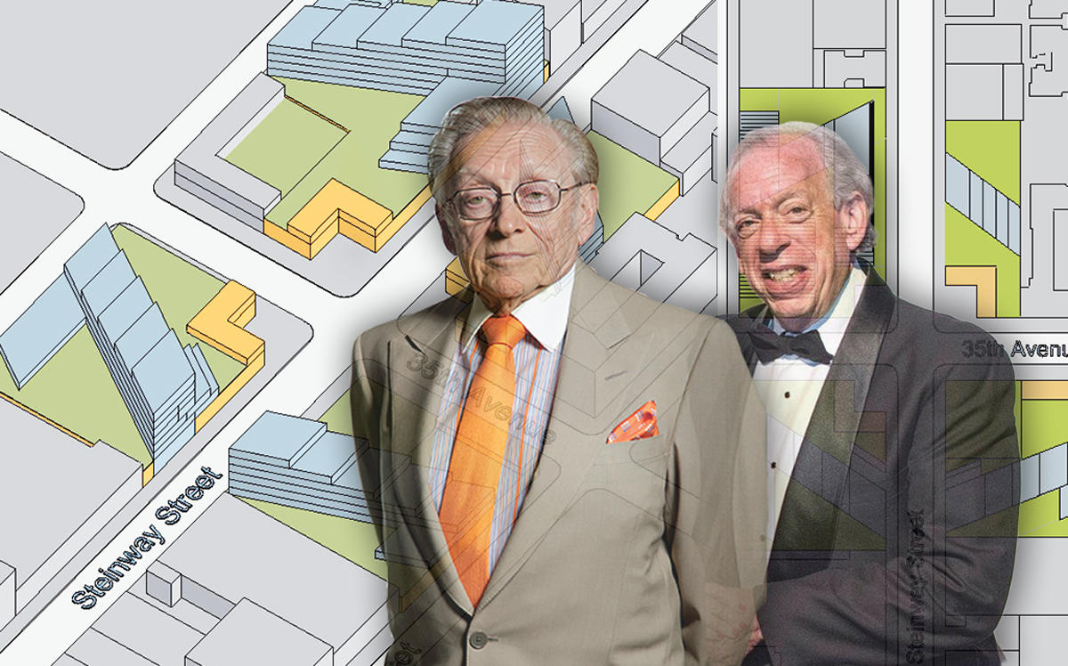 Left to right: Larry Silverstein and Henry Wollman overlayed with Queensboro site plans (Credit: MadisonBGClub via Flickr and Quadriad Realty Partners)