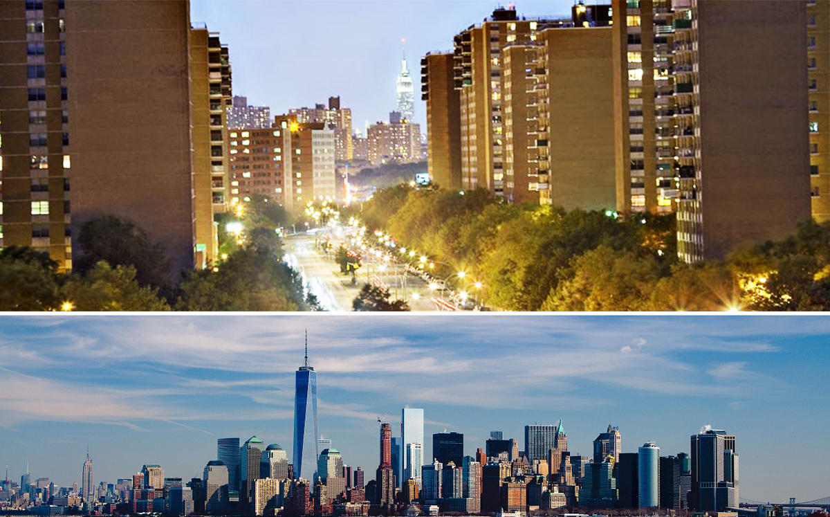 Starrett City in Brooklyn (top) and the Manhattan Skyline (bottom) (Credit: Spring Creek Towers and Pixabay)