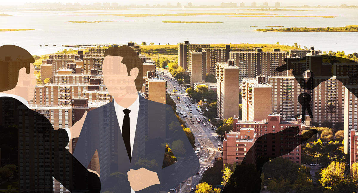An illustration of business deals with Starrett City (back) (Credit: Pixabay and and LIHC Investment Group)
