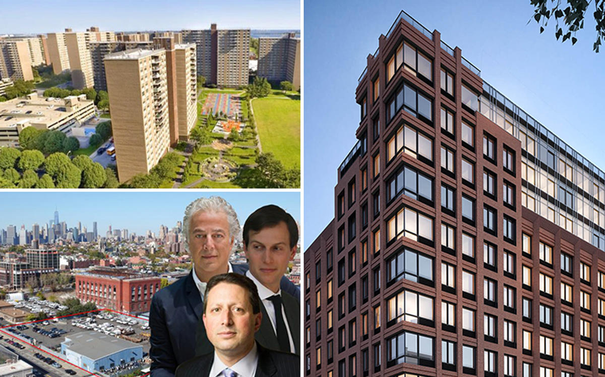Clockwise from the top left: Starrett City, 237 11th Street, Aby Rosen, Jared Kushner, Brad Lander and 175-225 3rd Street (Credit: LIVWRK, RFR, Getty Images and Twitter)