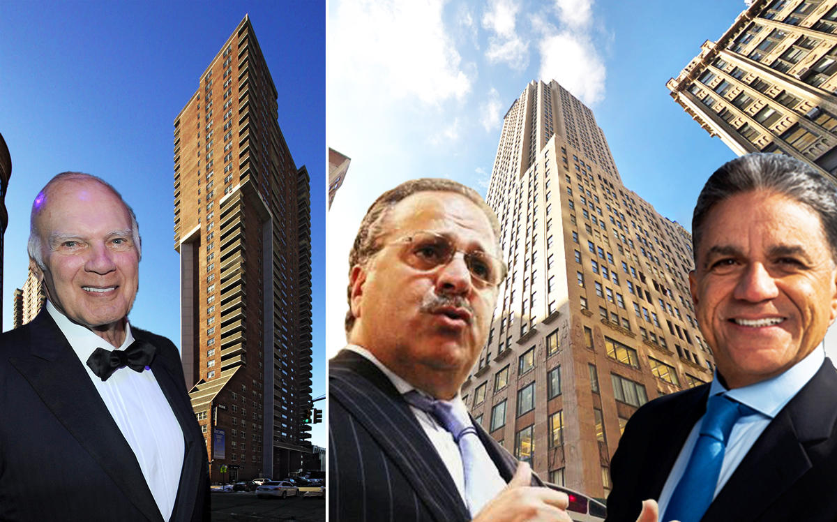 From left: Steven Roth, Independence Plaza at 40 Harrison St, Joseph Chetrit, 500-512 Seventh Avenue, and Joseph Moinian (Credit: Getty, Apartments, and Google Maps)