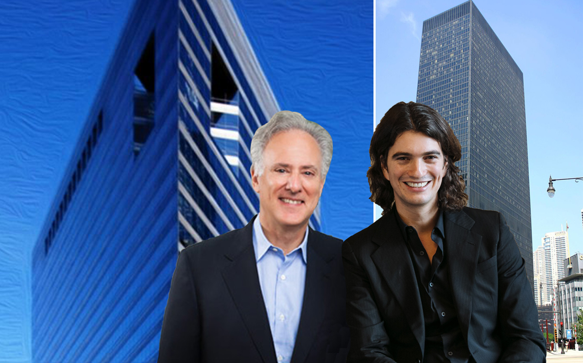 Left to right: Alan Leventhal and Adam Neumann (front) and a rendering of 515 North State Street and 330 North Wabash Avenue (back) (Credit: Boston University and Wikipedia)