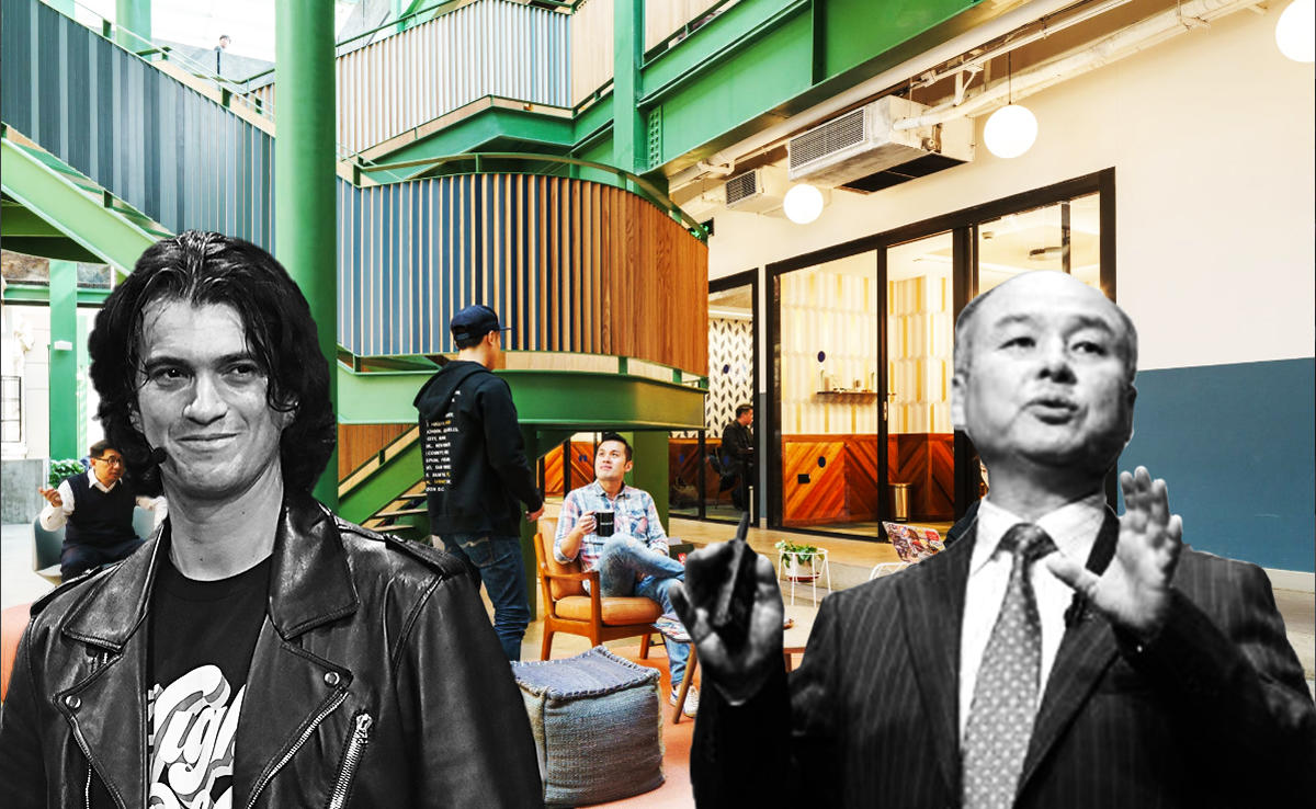 Adam Neumann, a WeWork space in China, and Masayoshi Son (Credit: Getty Images and WeWork)