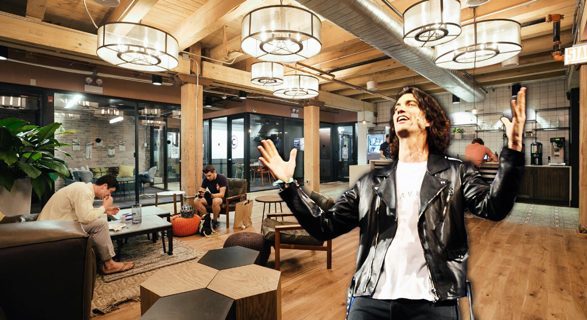 A WeWork coworking space in Fulton Market and Adam Neumann (Credit: WeWork and Getty Images) 