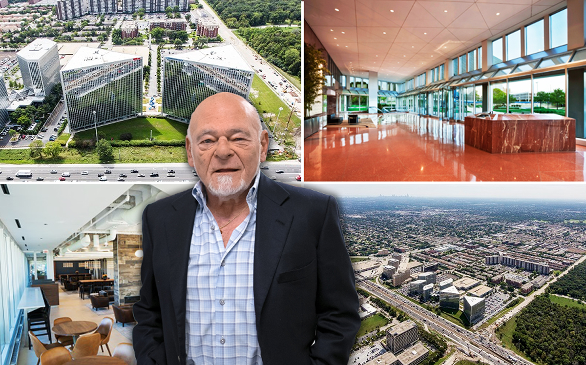 Sam Zell and views of Triangle Plaza at 8750 and 8770 West Bryn Mawr Avenue (Credit: Getty and Equity Commonwealth)