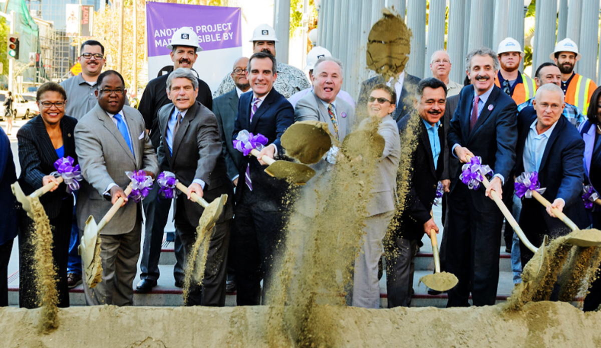City, state, and county officials celebrate groundbreaking on the overall Purple Line Extension project in 2014 (Credit: Neon Tommy via Flickr)