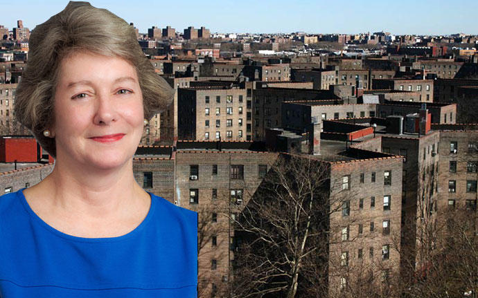 Deborah Goddard, executive vice president for capital projects at NYCHA, and the Queensbridge Houses (credit: Wikimedia Commons)
