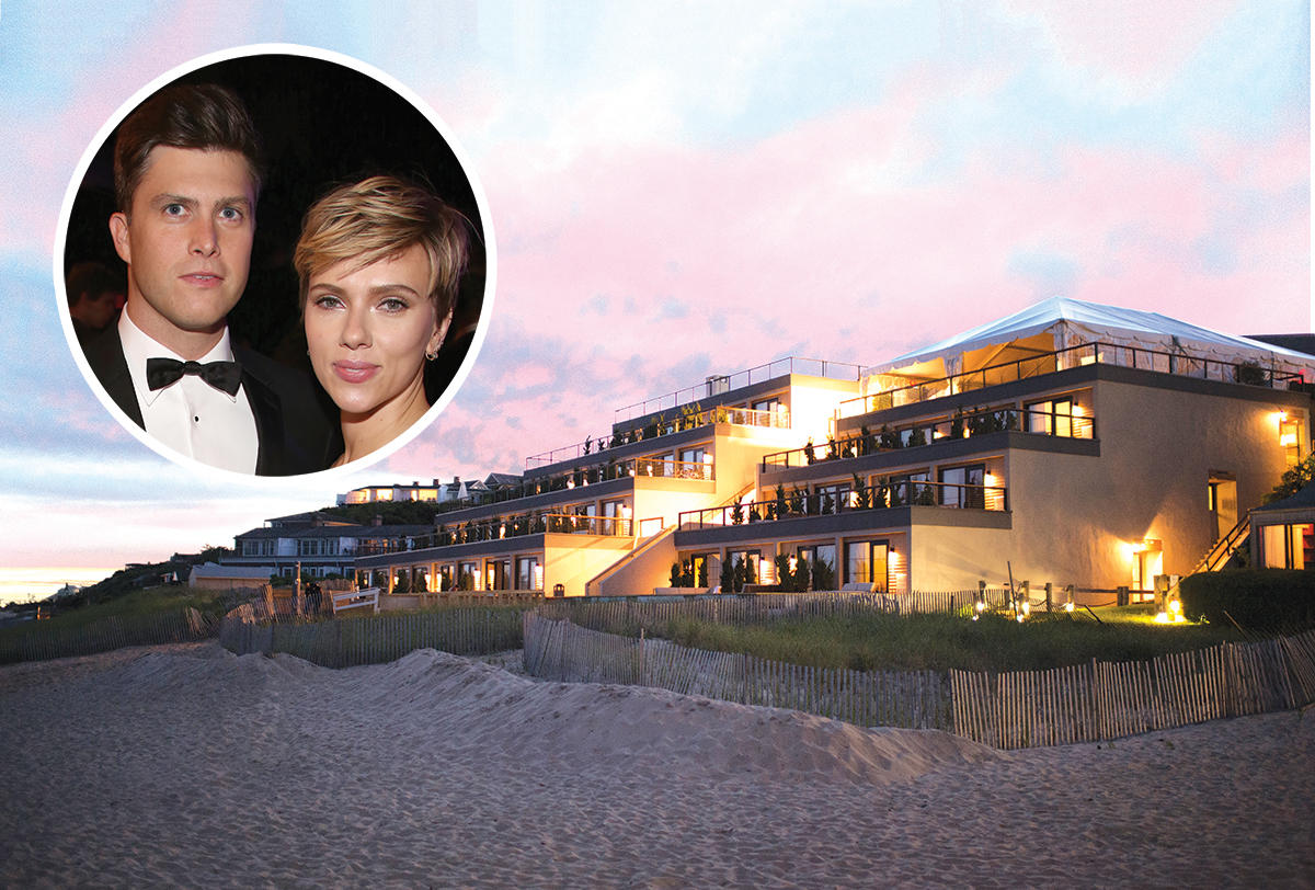 Colin Jost and Scarlett Johansson (Credit: Getty Images) and Gurney's Montauk