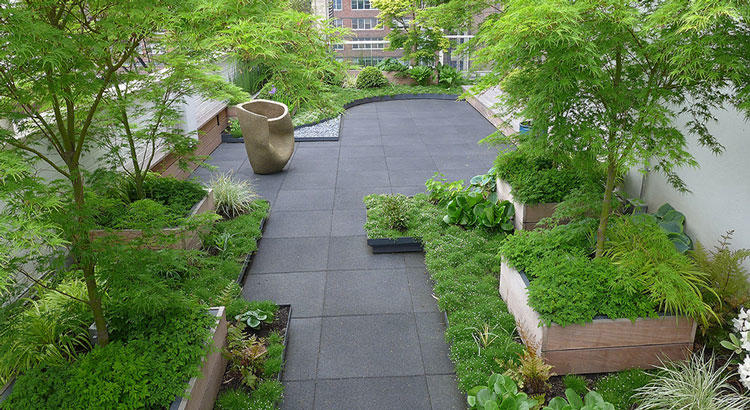 Low planters complement larger boxes with trees and grasses on an Upper West Side terrace landscaped by Jeff Mendoza.