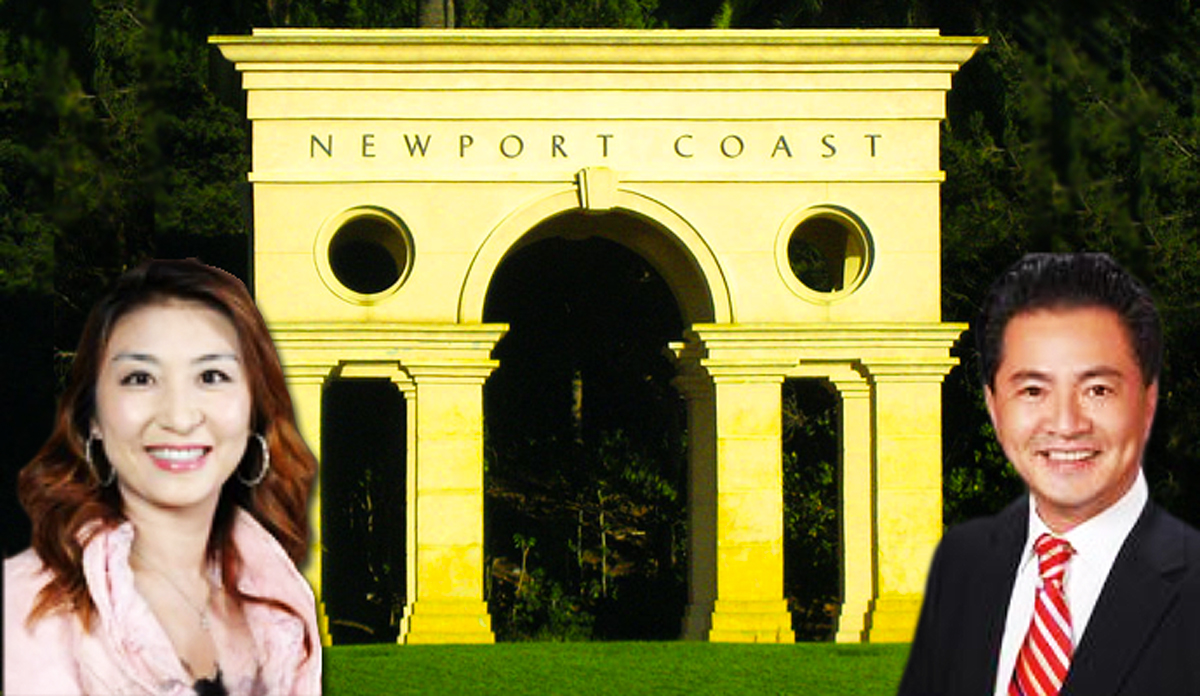 Katie Yau, Ying Ye, and an archway marking Newport Coast