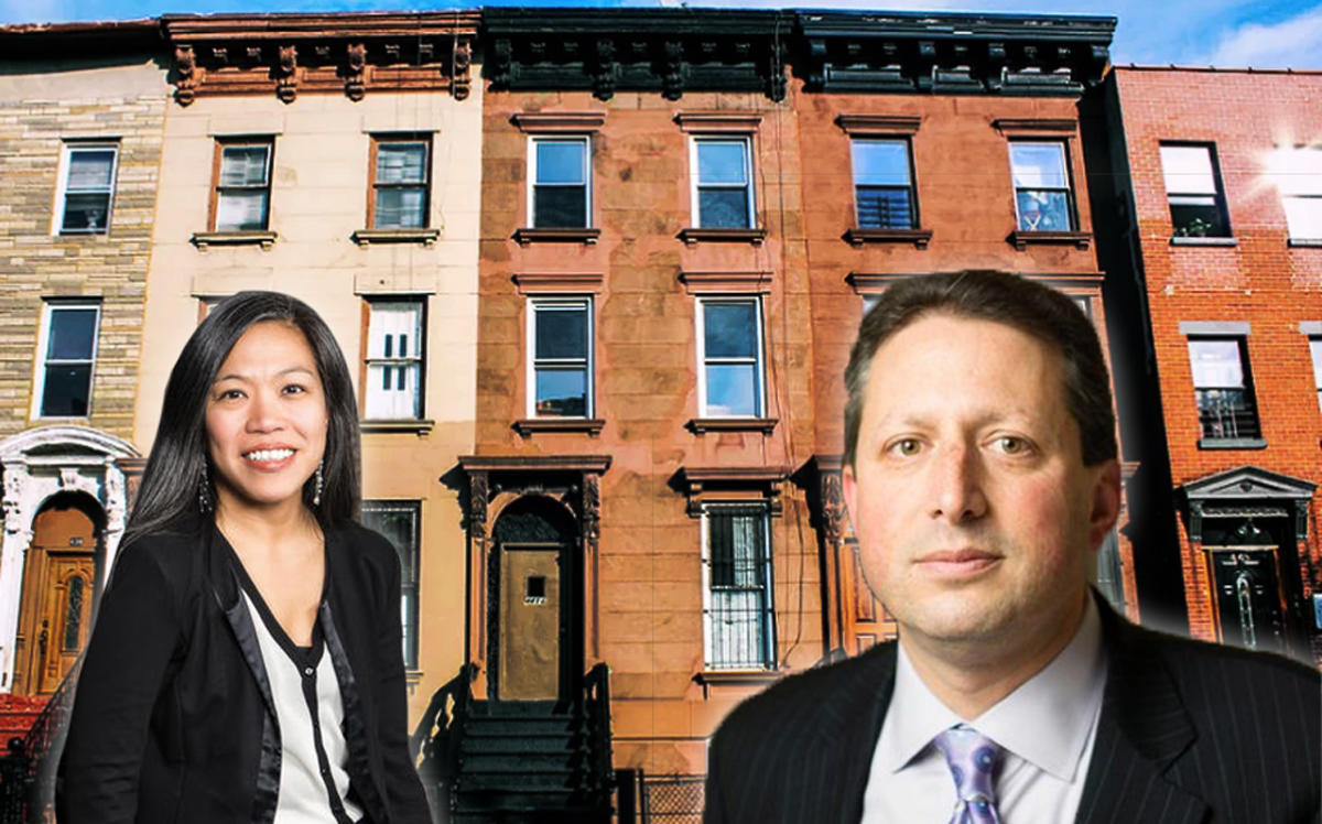 Maria Torres Springer, Brad Lander, and Bed-Stuy brownstones (Credit: Emily Assiran, Twitter, Curbed NY)