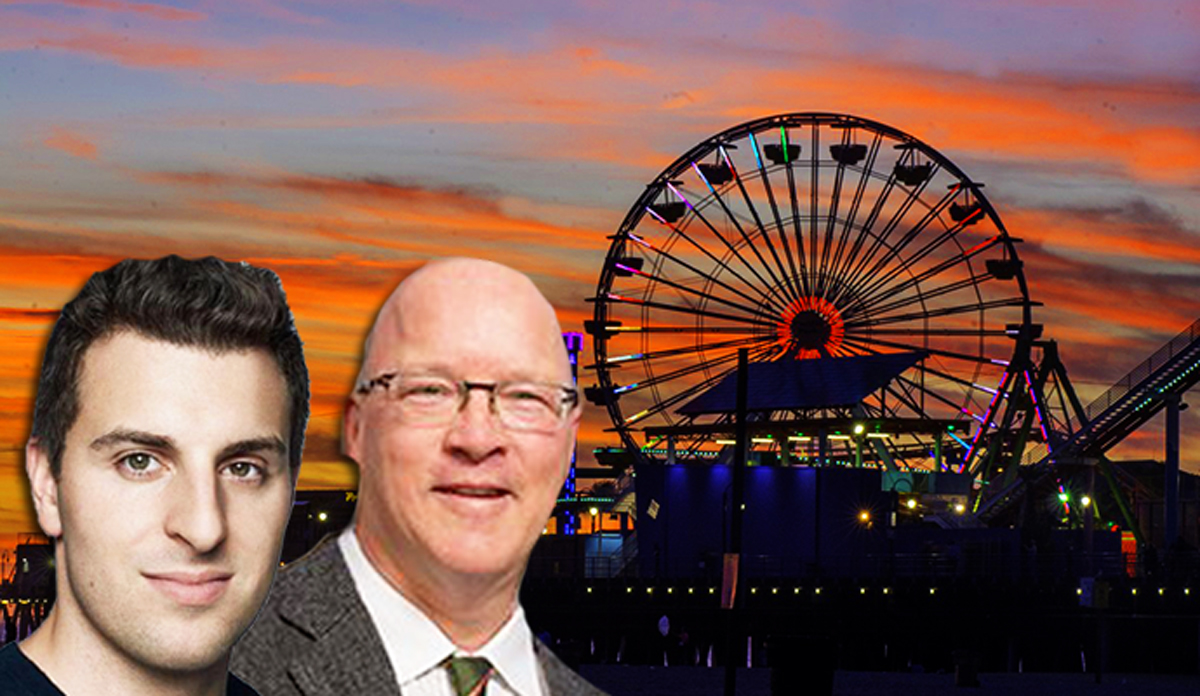 Santa Monica Pier, Airbnb CEO Brian Chesky, and Santa Monica Mayor Ted Winterer