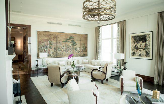 The living room was decorated in a French Moderne style by Sandra Nunnerley.