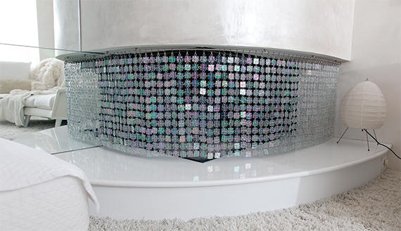 The glimmering fire screen -- a prototype from ABYU -- adds sparkle to the living room
