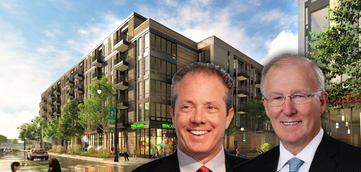 Left to right: Bart Mitchell and Dan McCaffrey with renderings of “Southbridge” redevelopment (left) and a rendering of 105 N May Street (right) (Credit: McCaffrey Inc and The Community Builders)