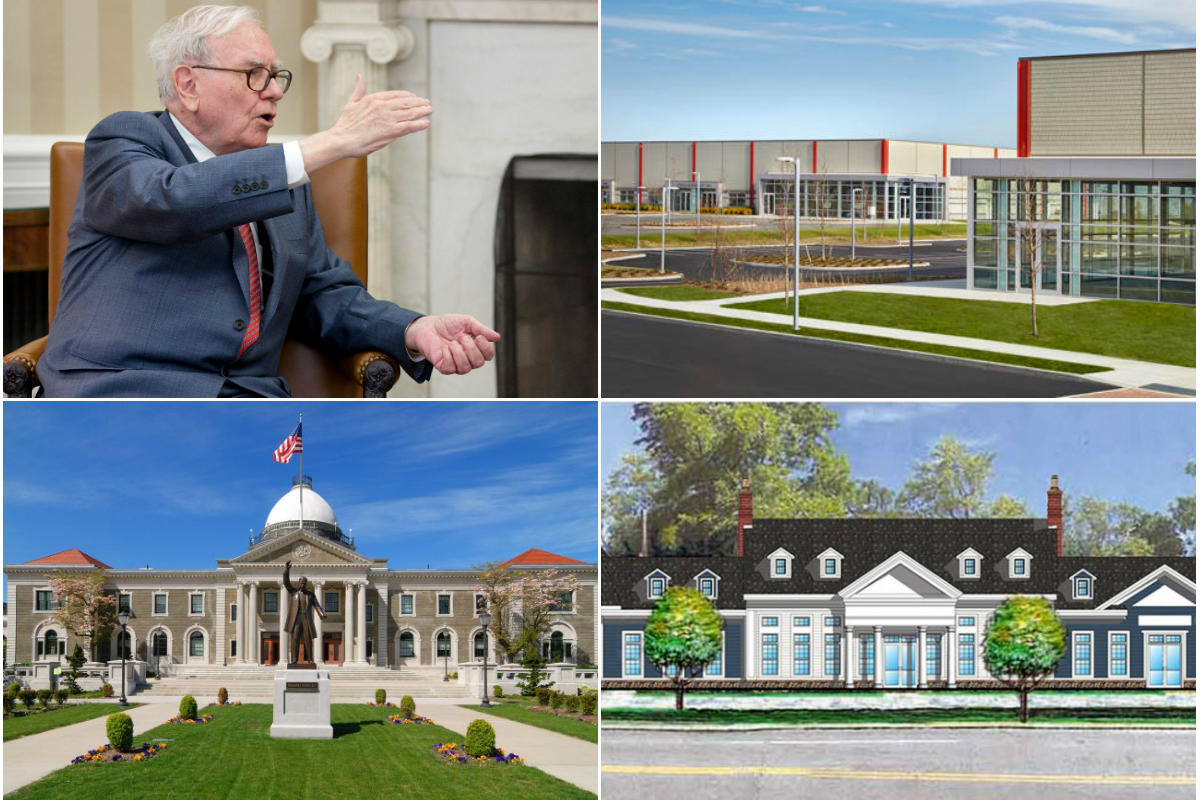 Clockwise from top left: Berkshire Hathaway lands on Long Island with Laffey International deal, Rechler Equity project gets Suffolk County tax break, Developer tries again to push forward stalled Huntington office project and Nassau officials want to hire consultant to help spur affordable housing development.