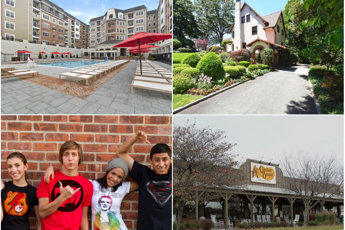 Clockwise from top left: Rents rise across LI as high-end supply trails demand, John Philip Sousa's waterfront home Sands Point lists for $9.85M, Cracker Barrel could be coming to Conmack and Queens shirt maker to move after buying Islandia building for $4.5M.