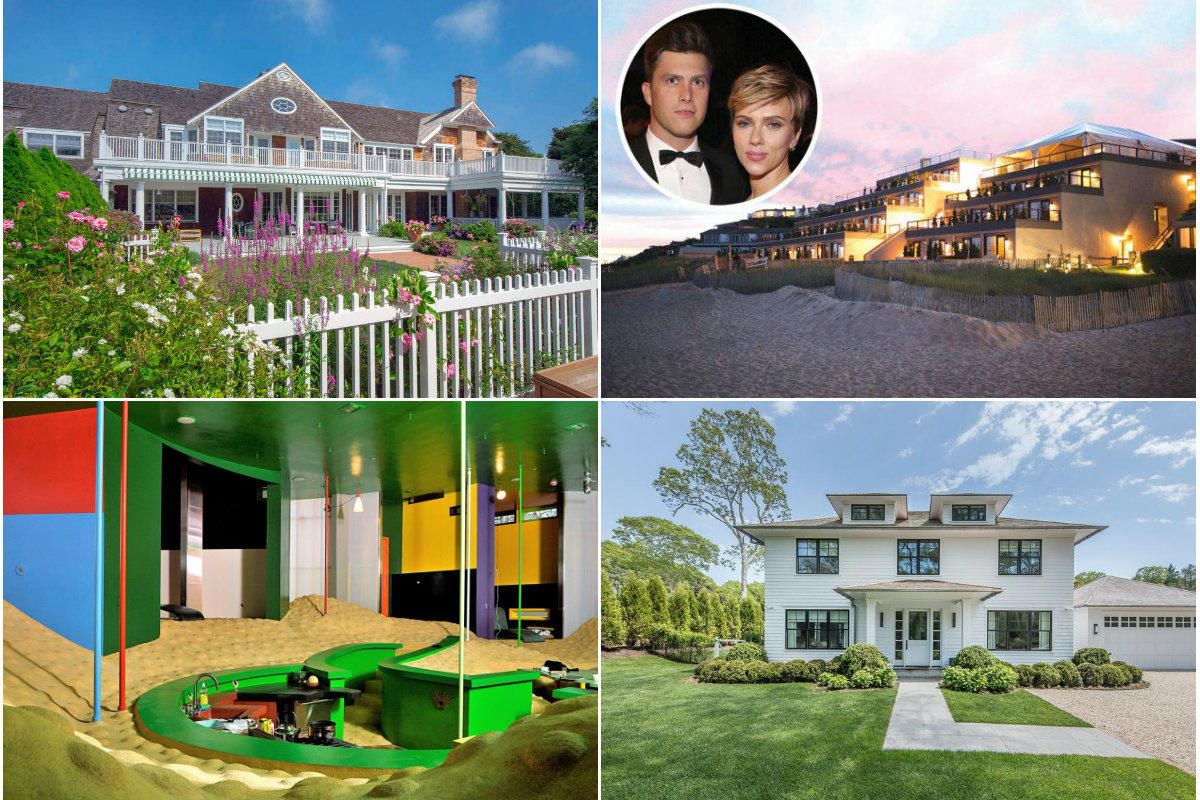 Clockwise from top left: Golfer Raymond Floyd sells Southampton estate for $17.5M, Scarlett Johansson and Colin Jost eyeing $8M Montauk condo, Hamptons home sales up in Q2 and Avant-garde East Hampton home that claims to extend occupant's life lists for $2.495M.
