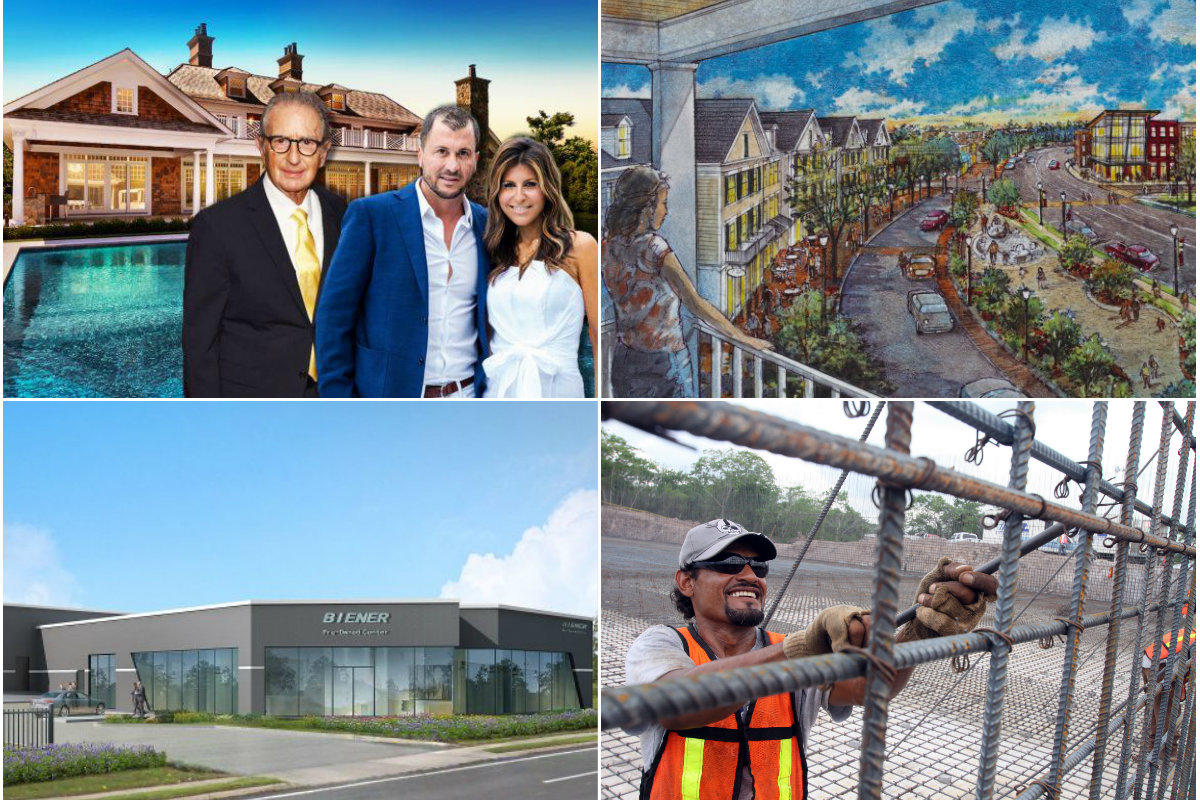 Clockwise from top left: LI developer sells Water Hill manse to "Hamilton" producer for $7.3M, Developer pledges to preserve LIRR parking for Huntington Station project, May brought more construction jobs to Long Island and Great Neck eatery site leased to Audi dealer.
