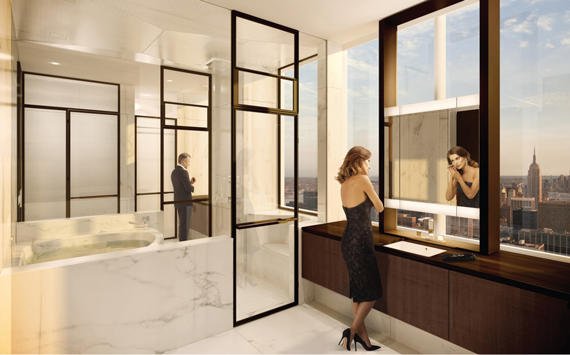 A rendering of a his-and-her bath at One57