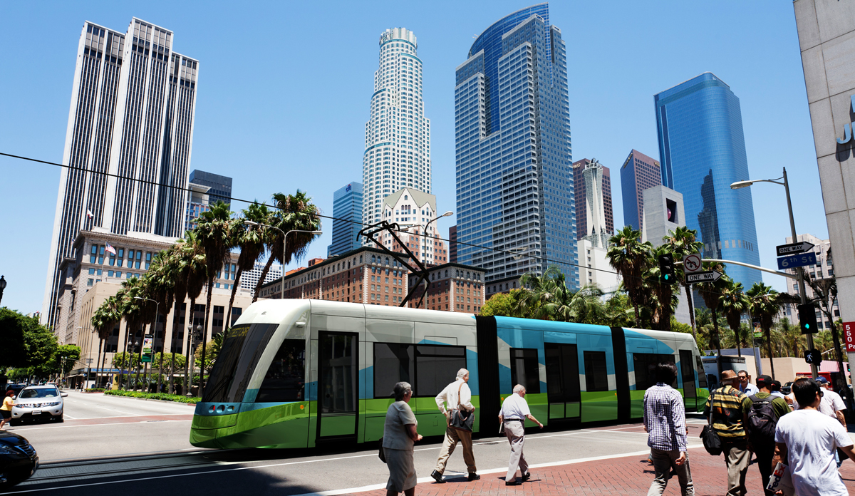 A rendering of a streetcar at Pershing Square