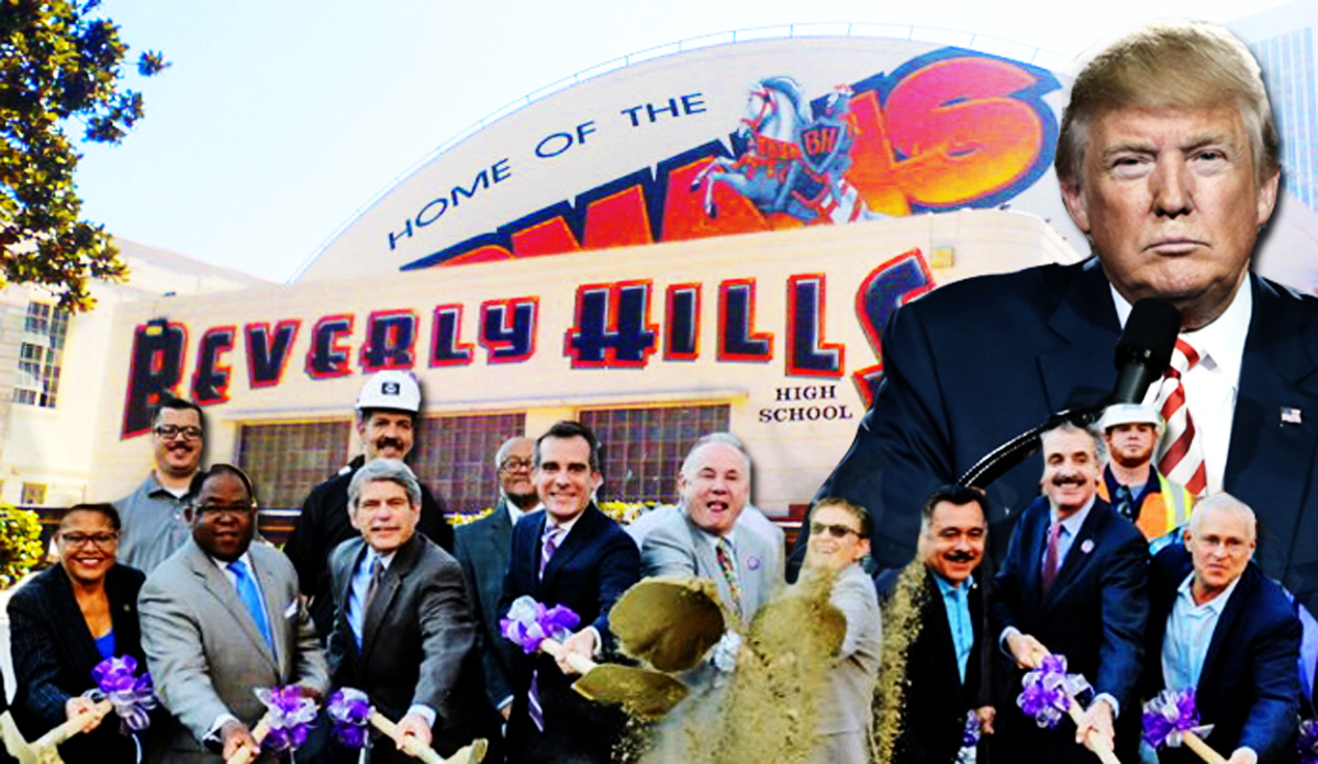 Beverly Hills High School, Donald Trump, and local officials celebrating a 2014 groundbreaking on the Metro Purple Line Extension (Credit: Neon Tommy via Flickr, Wikimedia Commons)