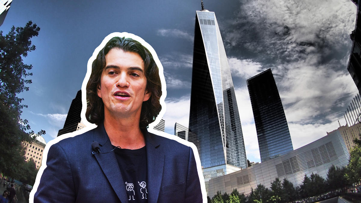 Adam Neumann and 1 World Trade Center at 285 Fulton Street (Credit: Getty Images and Pixabay)