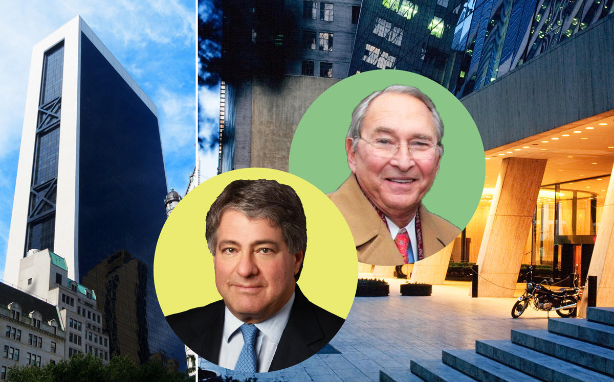 From left: 9 West 57th Street, Leon Black, and Sheldon Solow (Credit: Wikipedia, SOM, and Harvard)