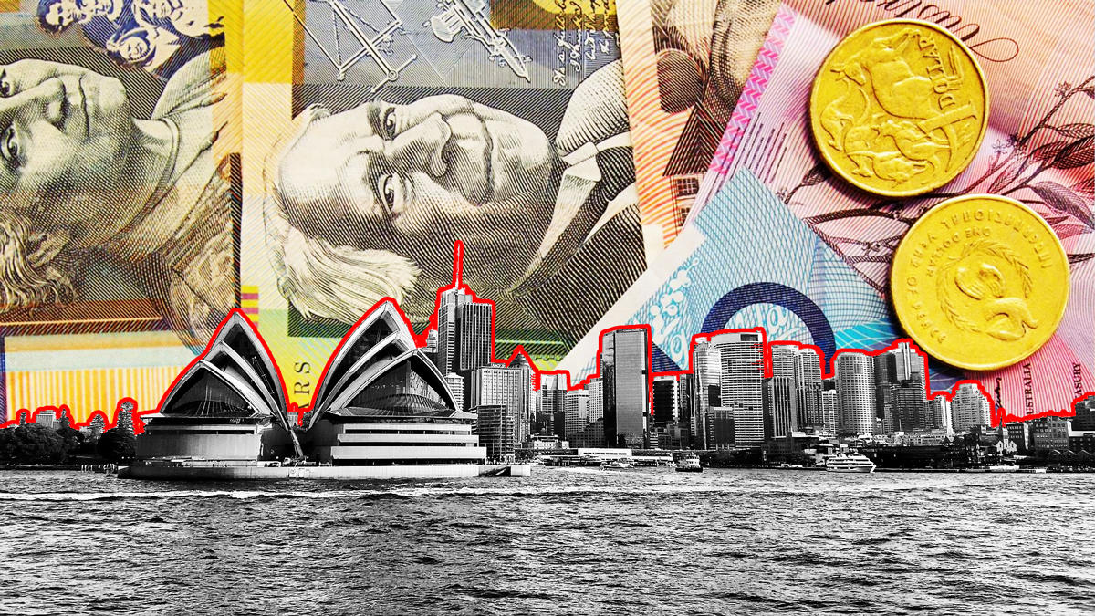 The Australian skyline with an Australian dollar sky (Credit: iStock, Pixabay, and Australia)