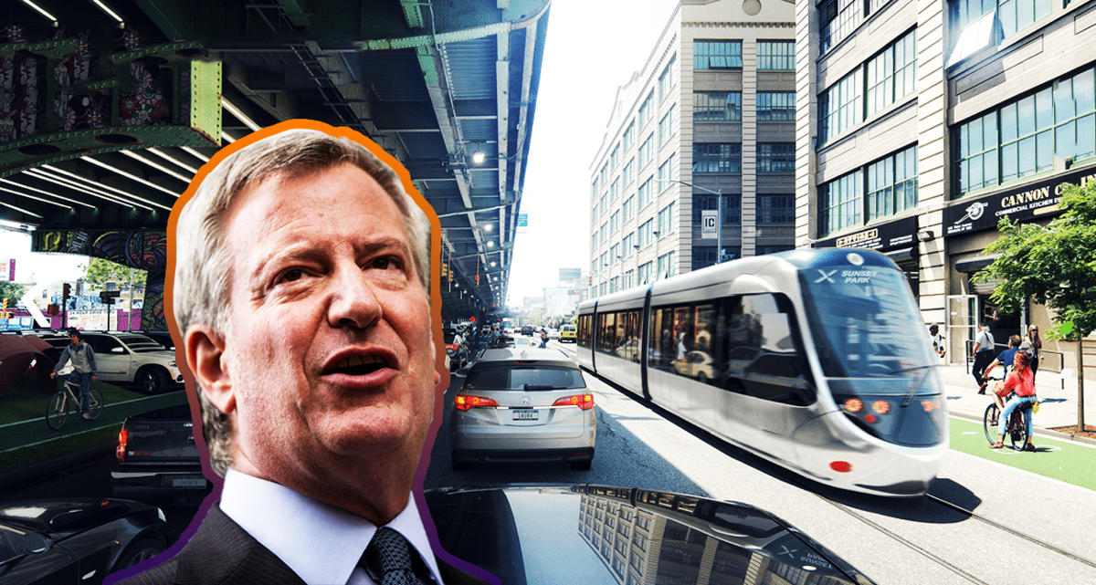 Mayor Bill de Blasio and a rendering of BQX (Credit: Getty Images and BQX)