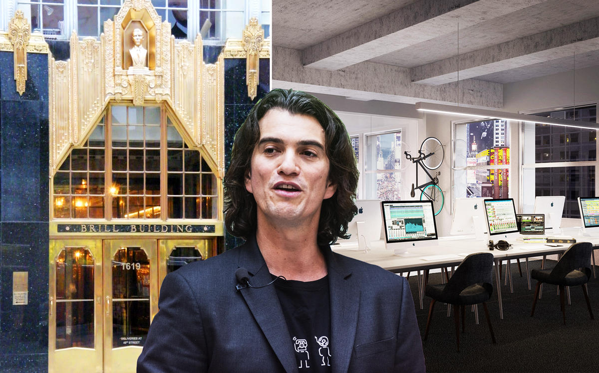 Adam Neumann and the shots of the Brill Building at 1619 Broadway (Credit: Wikipedia and Getty Images)