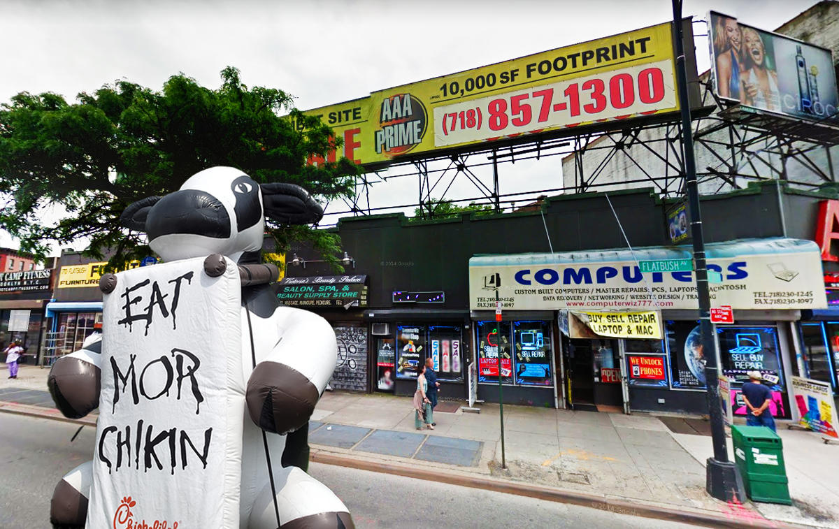 166 Flatbush Avenue and a Chik-Fil-A mascot (Credit: Google Maps and Mark Turnauckas via Flickr)