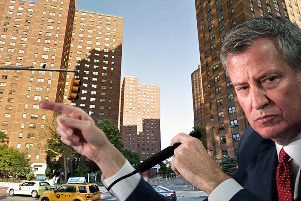 Mayor Bill de Blasio and Holmes Towers (Credit: Getty Images and Curbed NY)