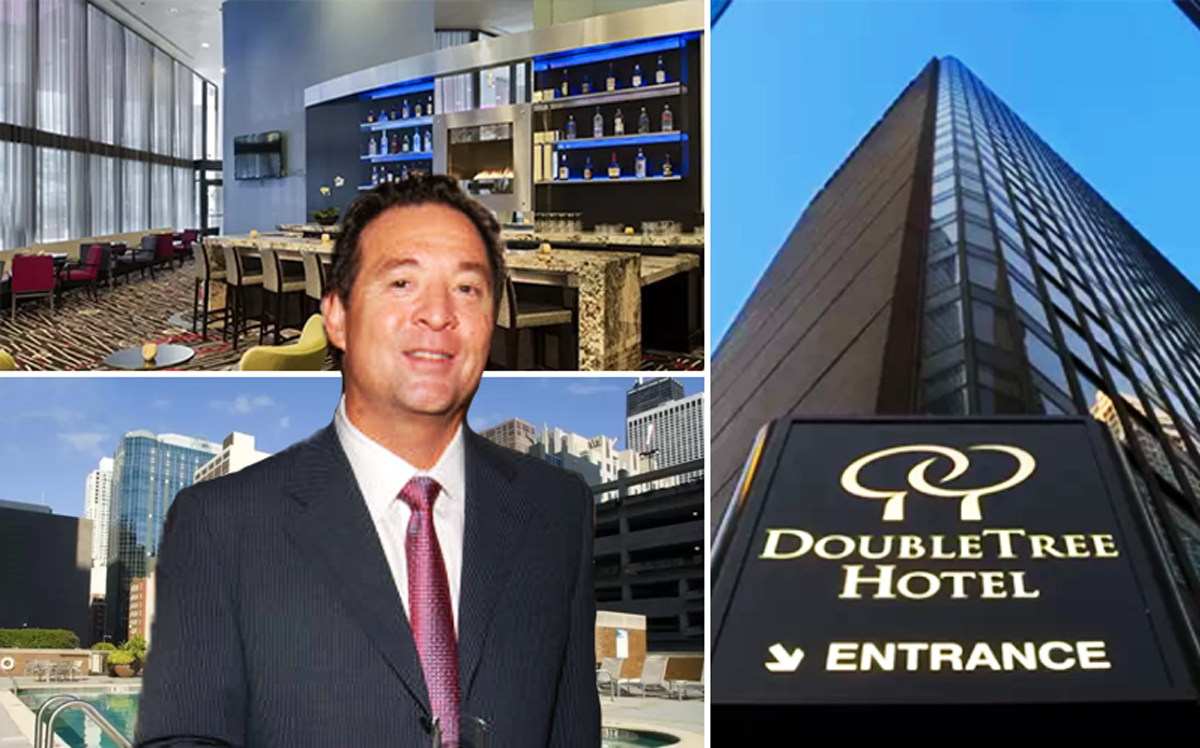 Hilton Grand Vacations CEO Mark Wang and the DoubleTree at 300 East Ohio Street (Credit: Getty Images and Hotels)