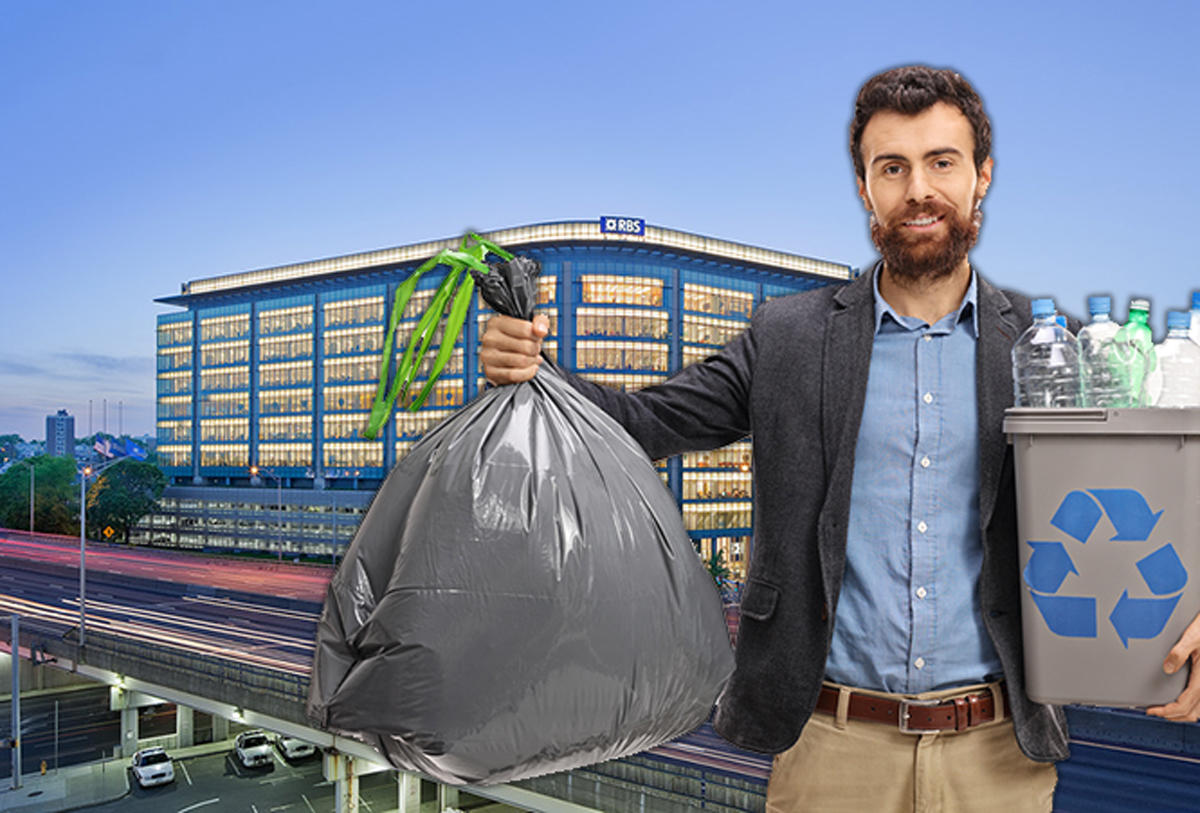 A man holding trash and the Royal Bank of Scotland office building in Connecticut (Credit: iStock and Faithful Gould)