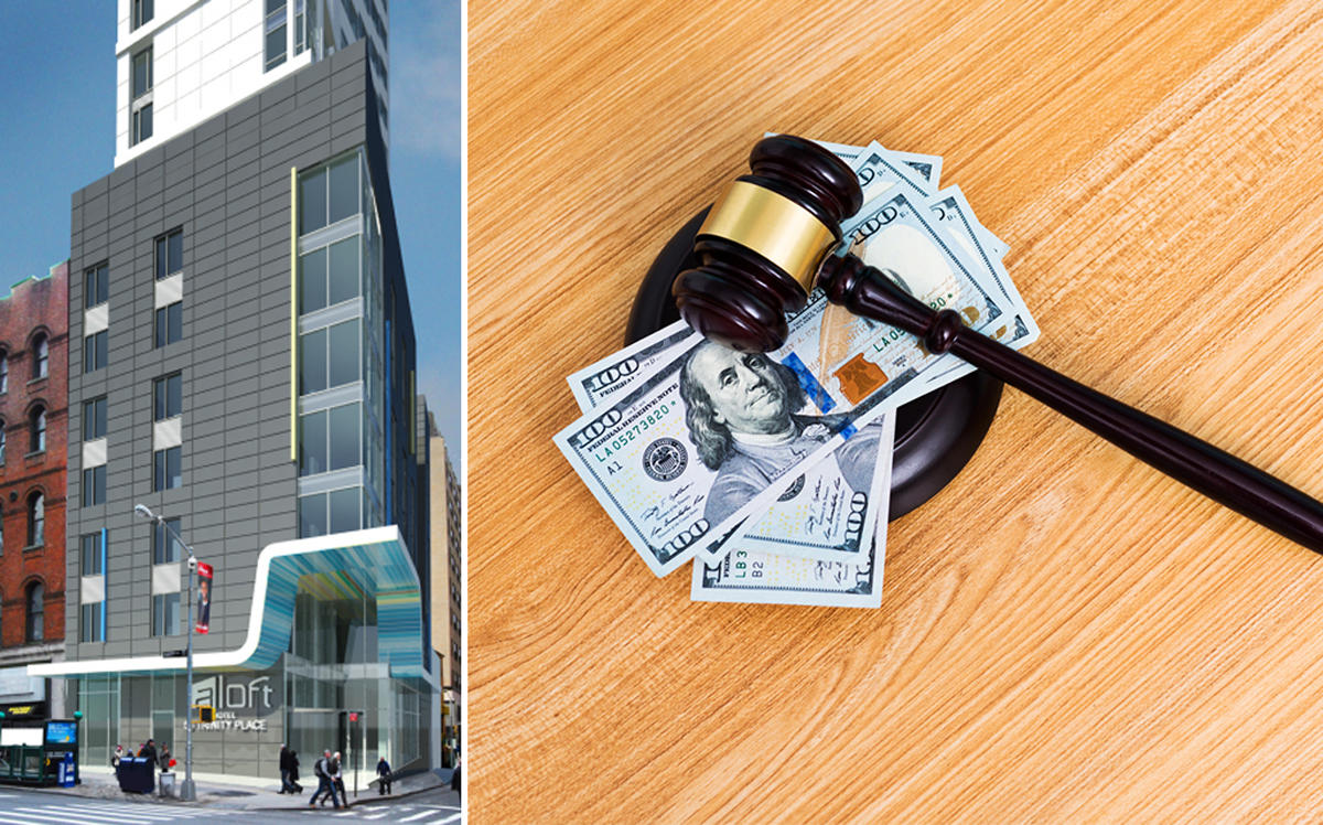 A rendering of 50 Trinity Place and a photo of a gavel and dollar bills (Credit: Peter Poon Architects iStock)