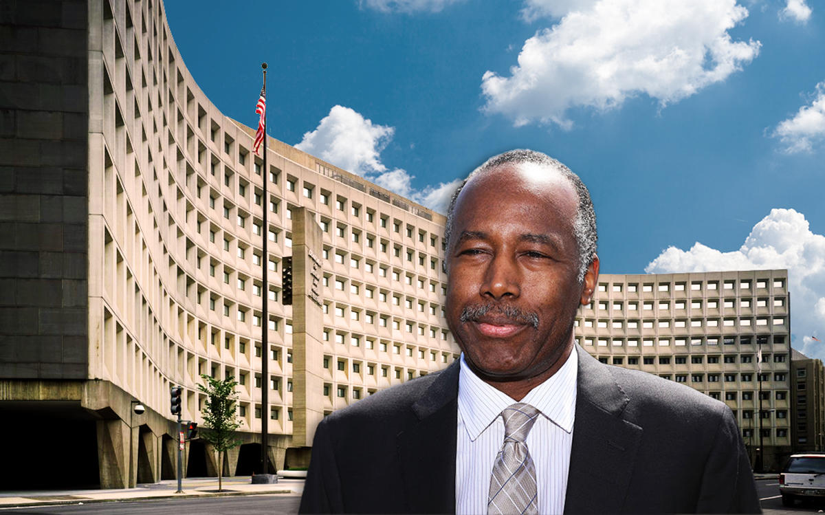 The Robert C. Weaver Federal Building in Washington, D.C. and Ben Carson (Credit: Wikipedia and Getty Images)