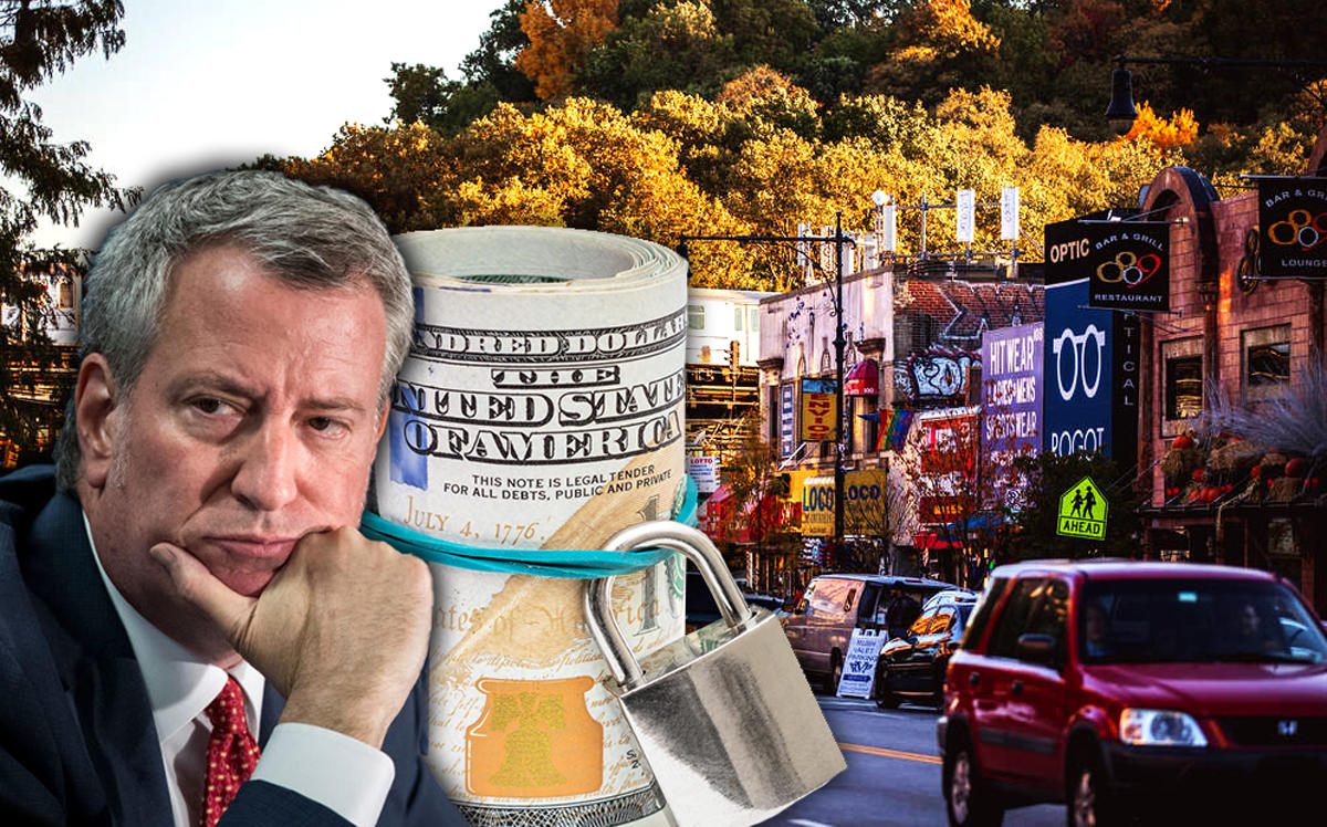 Bill de Blasio, locked cash, and Inwood (Credit: Getty, iStock, and Airbnb)