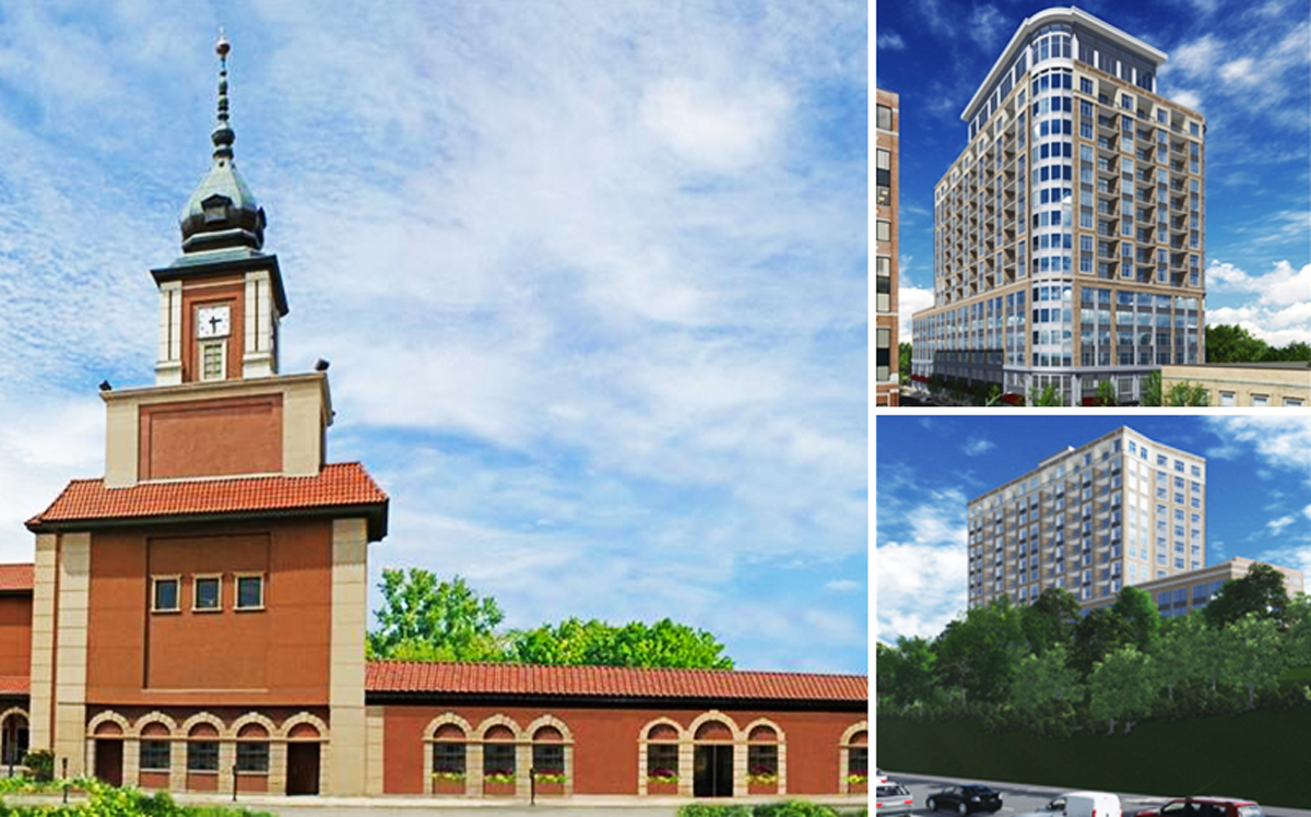 From left: The Copernicus Center at 5216 W Lawrence Ave and renderings of Jefferson Place at 4849 North Lipps Avenue (Credit: Facebook and the 45th Ward)