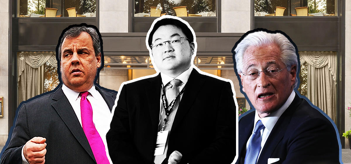 From left: Chris Christie, Jho Low, Marc Kasowitz and Park Lane Hotel at 36 Central Park South (Credit: Getty Images and Park Lane New York)