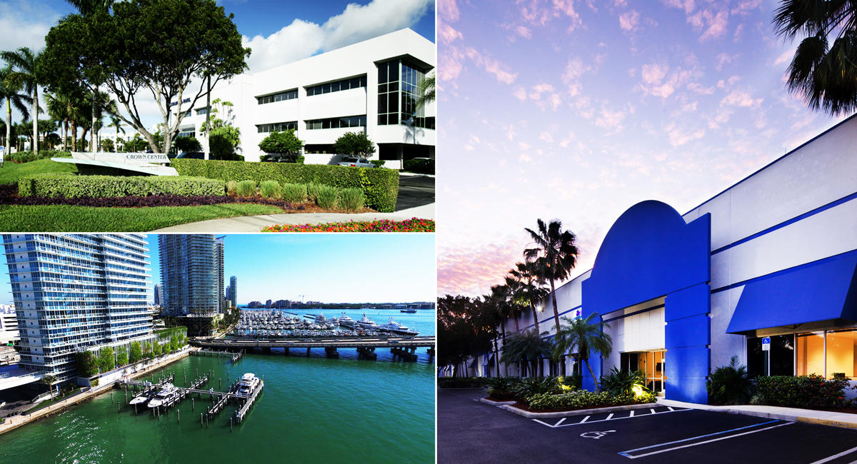 Clockwise from top left: Fort Lauderdale Crown Center, International Corporate Park, and the Bentley Bay Marina