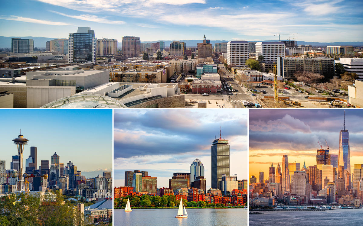 Counterclockwise from top: San Jose, Seattle, Boston, and New York (Credit: iStock)