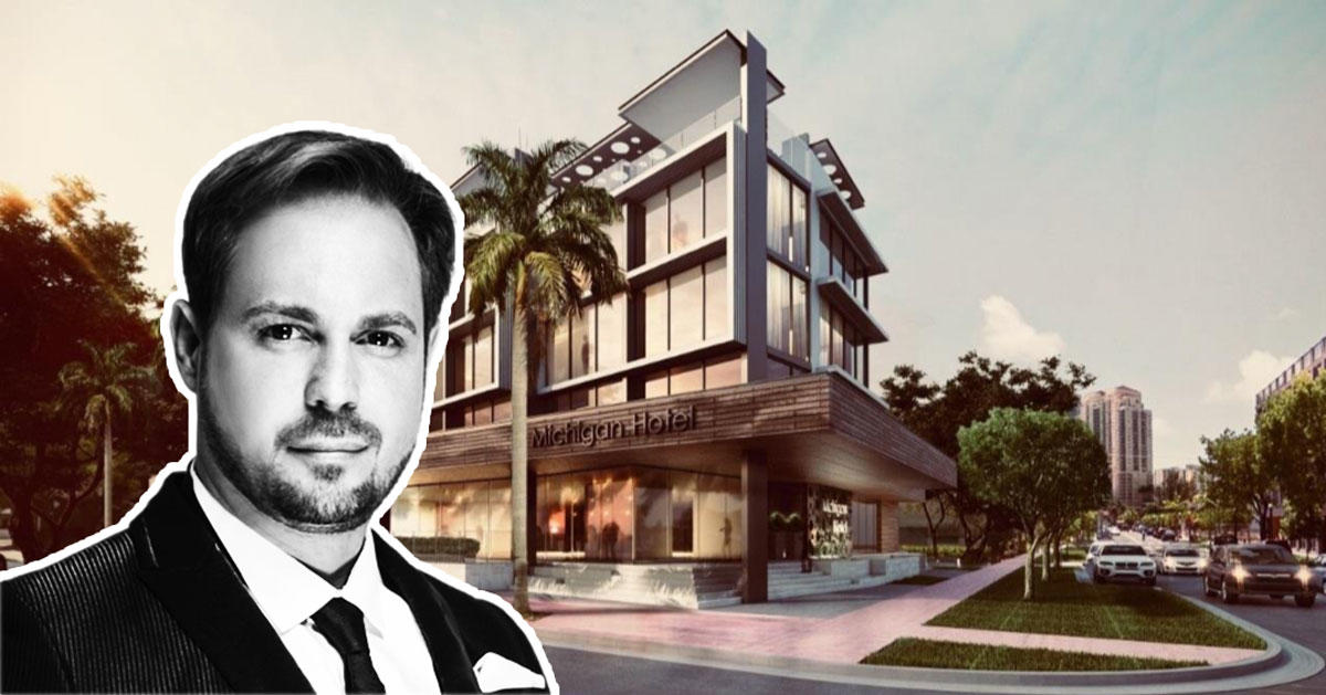 Gianfranco Rondón and a rendering of his hotel project on Michigan Avenue in Miami Beach